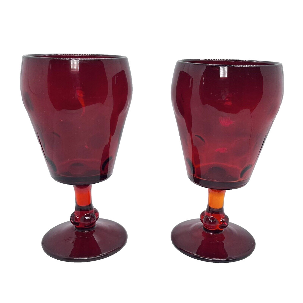 2 Glass Water Goblets Red Amberina Paden City Popeye & Olive Footed Ruby 1900s